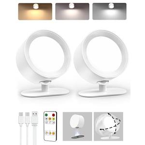 AMETHEUS LED Wall Mounted Lights, Rechargeable Wall Sconces Lamp, 3 Color Temps & Remote and Touch, 360°Rotation Dimmable Cordless Wall Light for Study Bedroom Reading Bedside(White, 2 Pack)