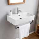 24"x14" Floating Bathroom Sink with Towel Rack, Wall Mount Rectangular Vessel Sink with Overflow, Modern Ceramic Vanity Sinks for Restroom, Rv