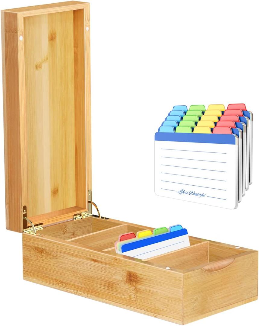 Neando Bamboo Business Card Organizer for 2x3.5 Cards  600-Card Capacity Wooden Holder with Lid, 4 Compartments, Includes 20 Thick Index Cards  Natural Mini Card Filing Box