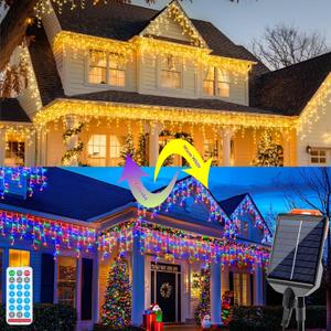 Solar Christmas Lights Outdoor 640LED 16Ft+60Ft, Color Changing Solar Icicle Lights Waterproof with 13 Modes Rechargeable for Outside Roof Fence Christmas Decorations (Warm White to Multicolor)