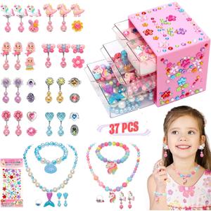 Toys for Girls Jewelry,37PCS Princess Toddler Girl Toys Age 6-8 for Pretend Play & Dress Up, Adjustable Ring Clip on Earrings Kids Toy for 3 4 5 6 7 8 9 Year Old Girls Christmas Birthday Gifts Ideas (Pink)