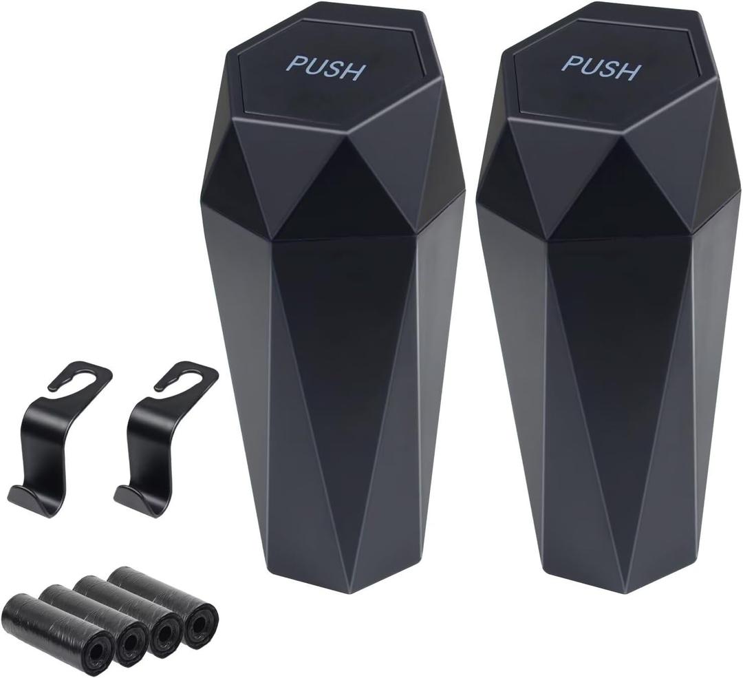 Car Trash Can, 2 Pack Car Trash Bin with Lid, Car Accessories for Women Interior, Car Garbage Can with Additional 2 ABS Hooks and 60pcs Trash Bags, Suitable for Home, Office, Car Organizer, Black