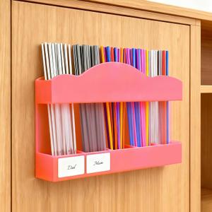 9.8" Acrylic Straw Holder for Cabinet Door - Straw Organizer with Ultra-Sticky Adhesive, Kitchen & RV Essensials, 5-Compartment Storage for Reusable Straws & Brushes, Colored Pencils, Markers (Pink)