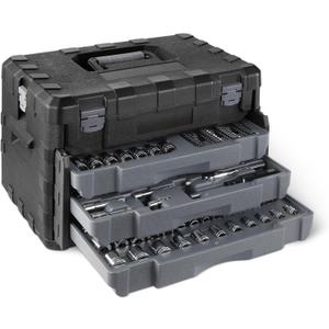 Amazon Basics 287-Piece Mechanic Socket Set with Quick-Release Ratchets, Wrenches, Bits, 1/4" 3/8" 1/2", Metric and SAE, 3-Drawer Case, for Auto and Machine Repairs
