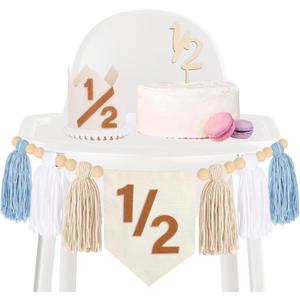 Baby Boy Half Birthday Decoration, High Chair Banner Hat Crown Cake Topper 1/2 Birthday Decor, Dokuna Half Way to One Baby Boy (Blue)