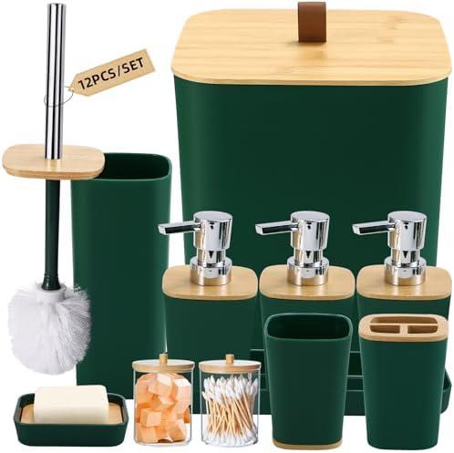 XLHOMO Dark Green Bathroom Accessories, Green Bathroom Accessories Set with Trash Can, Soap Dispenser, Toothbrush Holder, Toothbrush Cup, Soap Dish, Toilet Brush, Tray and Q-tip Holders