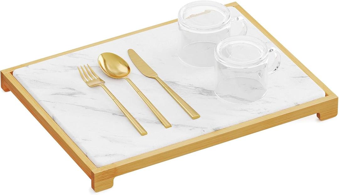 SpaceAid Bamboo Rack Dish Pad, Instant Dry Diatomaceous Earth Mat for Kitchen Counter, Stone Dish Fast Drying Mat Board (15.8 x 11.8 inch, White Marble)