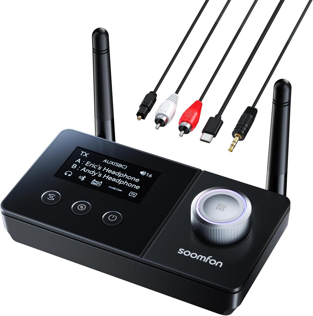 SOOMFON Dual Antenna Bluetooth Transmitter for TV Bluetooth 5.3 Receiver 3-in-1 to 2 Headphones with LCD Display Volume Control Optical AUX RCA for TV Home Stereo Speaker