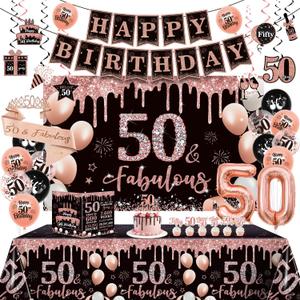 50th Birthday Party Decorations Kit, Happy 50th and Fabulous Birthday Decorations Set Crown and Sash,53Pcs Rose Gold and Black Gifts for Women 
