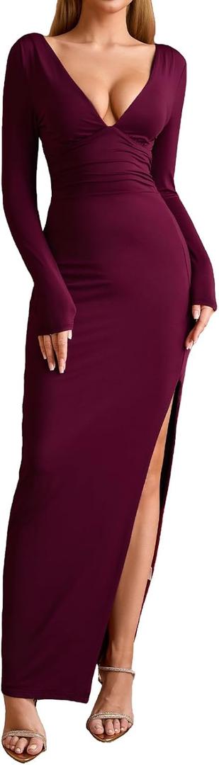 XinFSh Women's Deep V Neck Long Sleeve Bodycon Maxi Dress Sexy Backless Slit Tie Wedding Guest Cocktail Dresses (Red)