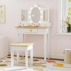 labebe Kids Vanity, Girls Vanity Desk with LED Changing Lights, Pretend Play Princess Vanity Set, Wooden Toddler Makeup Desk Dressing Table with Drawer and Chair (White), 23.43Wx12.01Wx39.57H