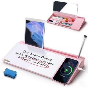 SELEAD Desktop Glass Whiteboard with Wireless Charger Station and Mirror, Desk Dry Erase Board Computer Pad Keyboard Stand with Organizer for Home, School, Office Accessories for Women, Pink