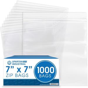 Spartan Industrial - 7 X 7 (1000 Count) 2 Mil Clear Reclosable Zip Plastic Poly Bags with Resealable Lock Seal Zipper