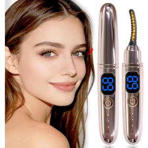 Heated Eyelash Curlers with Battery Indicator, Electric Eyelash Curler 3 Temperature Modes LED Display USB Rechargeable Makeup Tools, Heated Lash Curler Ideal Christmas Gift for Women Golden Brown P1