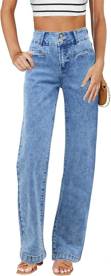 Sidefeel Women's Jeans High Waisted Straight Leg Stretchy Jeans Trendy Welt Pockets Loose Wide Leg Zimbaplatinum Denim Pants (10, Washed Light Blue)