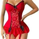 Lilosy Sexy Stocking Garter Belt Bows Floral Lace Babydoll Corset Push Up Teddy Lingerie Set with Panty XXL