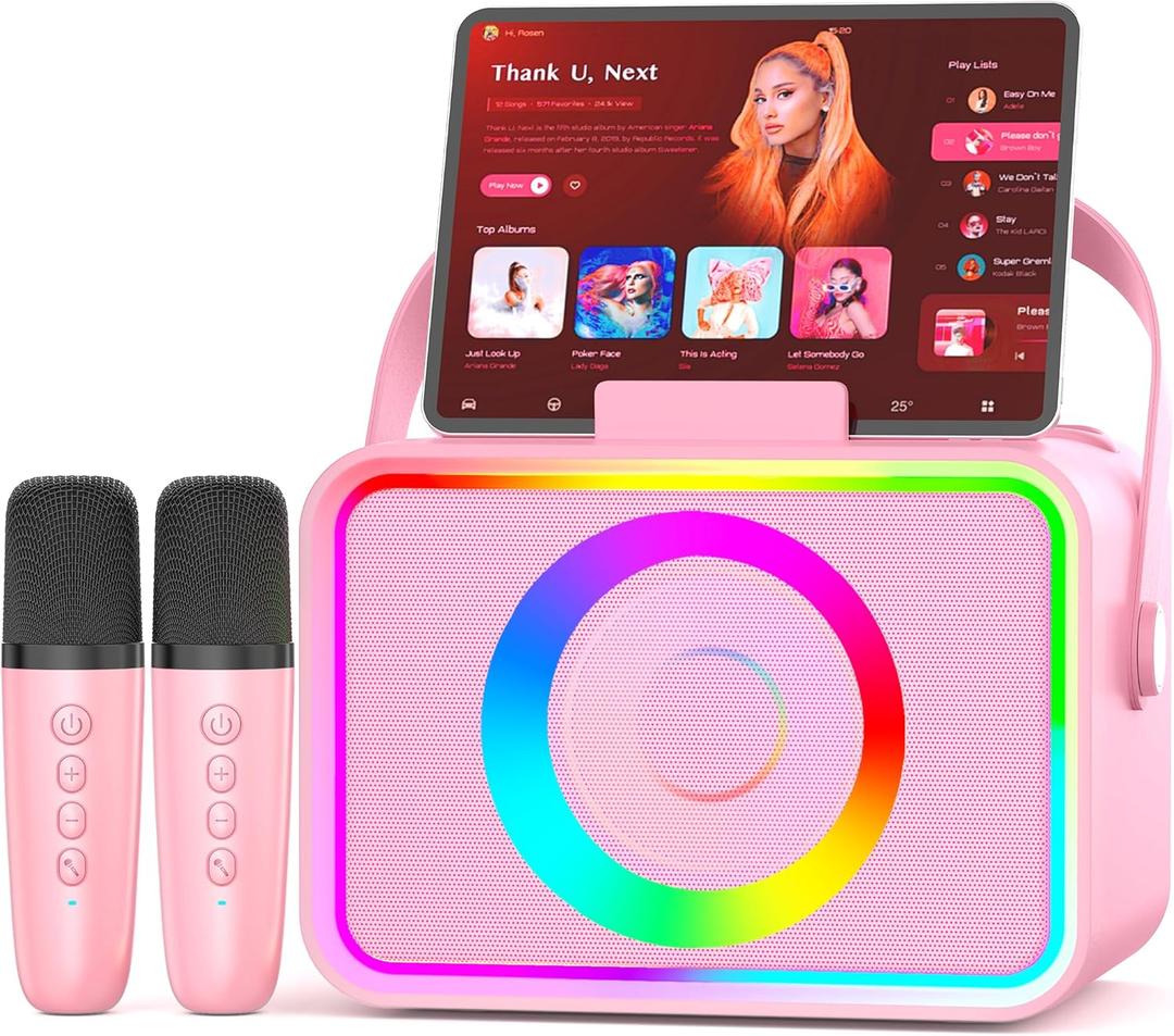 Karaoke Machine, Portable Bluetooth Speaker with 2 Wireless Microphone for Adults & Kids with LED Lights, Karaoke Microphone with PA System Supports USB/TF/AUX, Gift for Party (Pink)