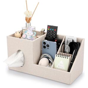 Sumnacon Square Linen Tissue Box Cover - Decorative Cube Tissue Cover with Side and Top Organizer, Modern Tissue Holder for Living Room Vanity Night Stand Table Countertop Office, Beige
