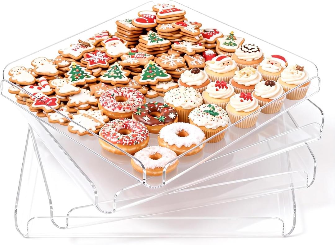 4 Pcs Premium Acrylic Serving Trays for Party, 12 x 12 Heavy Duty Clear Serving Platters and Trays for Food Cupcake Dessert Cookie Bakery Snack Charolas para Postres for Buffet Table, Square Stackable