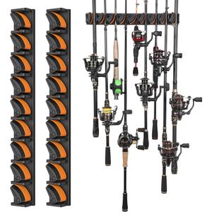 PLUSINNO V9 Vertical Fishing Rod Holders, 2 Packs Wall Mounted Fishing Pole Holders, Fishing Rod Racks Hold Up to 18 Rods or Combos, Fishing Pole Holders for Garage, Fishing Gear and Gifts for Men
