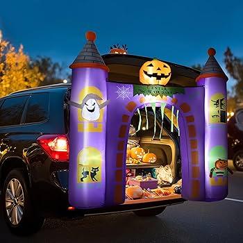 ZPISF 6 FT Halloween Inflatables Outdoor Decorations, Trunk or Treat Car Decorations, Blow Ups Haunted Castle with Builtin LEDs for Halloween Decor