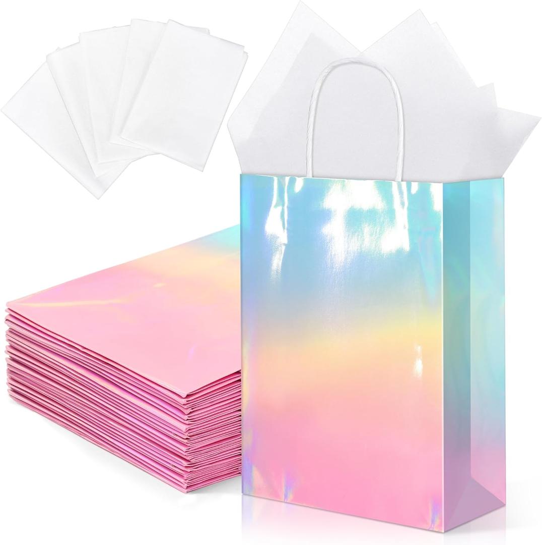 MIMIND 6 Pack Iridescent Paper Gift Bags with Handles Holographic Party Favor Bags with Tissue Paper 8.7 x 6.3 x 3.1 Inch Glitter Gradient Pink and Blue Goodie Candy Bag for Wedding Birthday Parties