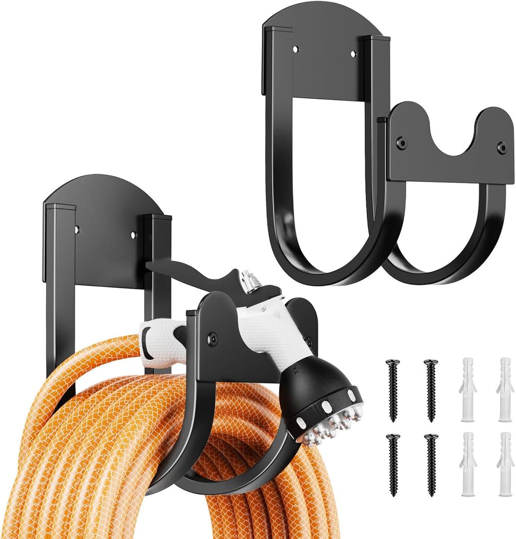 Garden Hose Holder Wall Mount - Metal Water Hose Hanger for Outside, Durable Hose Hook for Garden Garage Yard Storage (Black-2PCS)