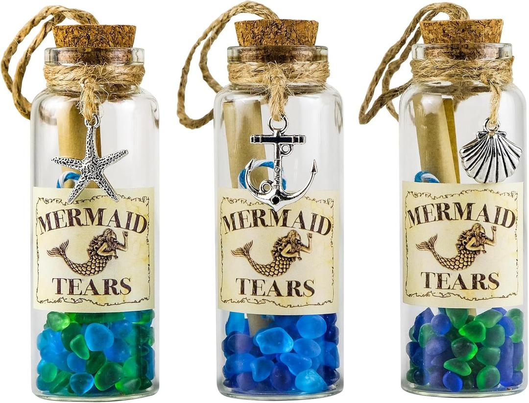 SAILINGSTORY Sea Glass Jar Message in a Bottle Mermaid Tears Coastal Beach Decor Nautical Christmas Ornaments Set of 3 Pack