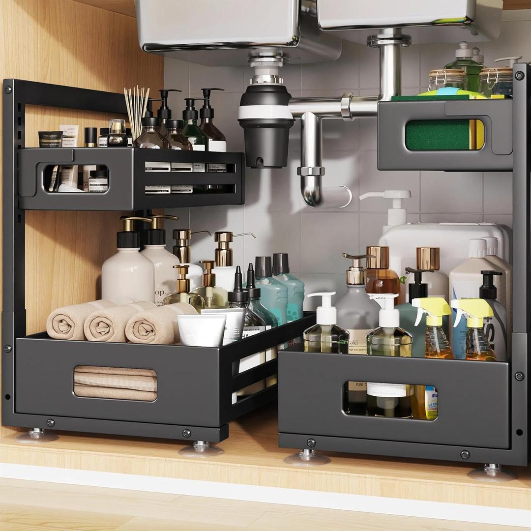 2 Pack Under Sink Organizer,Pull Out Cabinet Organizer with Smooth Cylindrical Rail,Metal Slide Out Drawer for Kitchen Bathroom Laundry Cabinet,8-Level Tool Free Height Adjustable-Black (2 Pack-15"Dx9.5"-16.7"H)