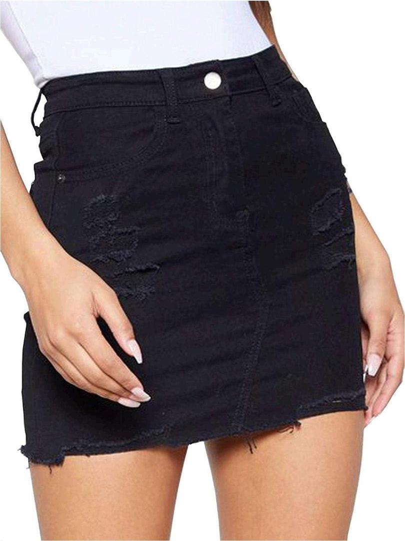 Just Quella Women's Stretch Jean Skirt Fringed Slim Fit Denim Bodycon Mini Skirt (Black Hole Washed) Medium