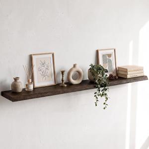 Live Edge Elm Floating Shelves - 55 In Rustic Solid Wood Shelves with Heavy-Duty Invisible Bracket, Wall-Mounted Wooden Shelf for Living Room, Bathroom, Kitchen Storage & Display, Set of 1, Walnut
