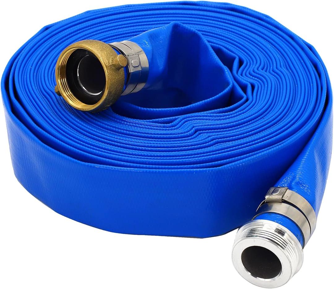 DAVCO 2" ID 100 ft Pool Backwash Hose, Heavy Duty Reinforced Blue PVC Lay Flat Water Discharge Pump Hoses For Swimming Drain Pools and Clean Filters, With Aluminum Pin Lug Fittings