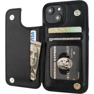 ONETOP Compatible with iPhone 14 Wallet Case with Card Holder, PU Leather Kickstand Card Slots Case, Double Magnetic Clasp and Durable Shockproof Cover 6.1 Inch (Black)