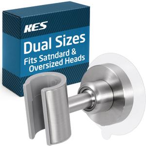 KES All Metal Shower Head Holder Adhesive, Dual-Size Opening Handheld Shower Head Holder Wall Mount for Standard & Oversized Shower Hose, Adjustable Shower Wand Holder, Brushed Steel, C208DF-BS