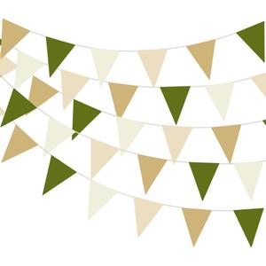 32 Meters 105ft Olive Green Tan Brown Beige Party Bunting Banner Cream Ivory Fabric Pennant Champagne Khaki Triangle Flags, Neutral Decorations for Boho Rustic Birthday Baby Shower Wedding Decor