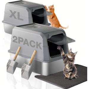 PETUX 2-Pack Stainless Steel Litter Box with Lid - High Sided, Odor-Proof, Anti-Leakage, Non-Stick, Easy to Clean and Extra Large Enclosed Litter Box with Scoop and Non-Slip Mat for Multi-Cats - Grey