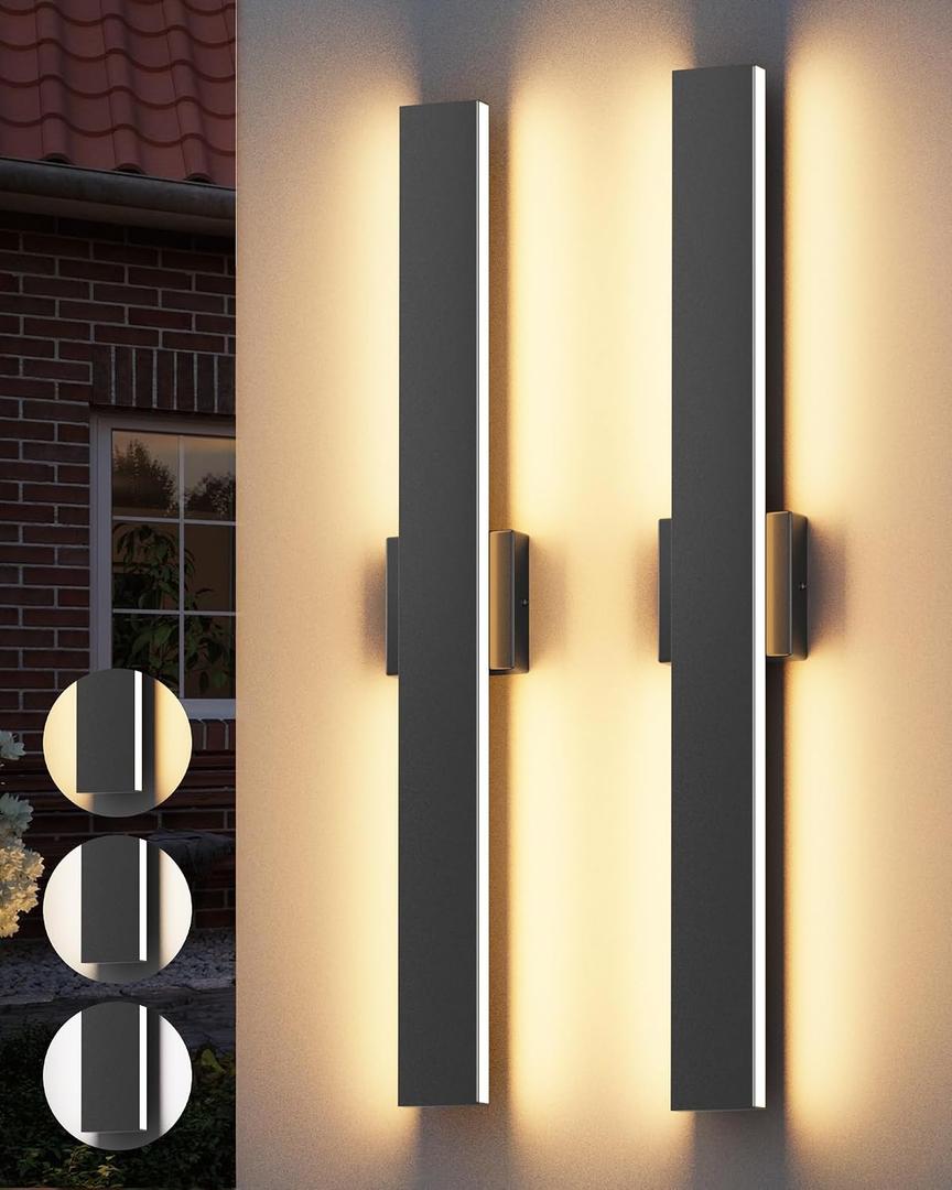 2 Pack 31.5in Outdoor Wall Light,3000K 4000K 6000K Modern Exterior Wall Sconces Linear Outdoor Light for Garage House Porch Entrance