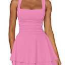 Kaximil Women's Square Neck Ruffle Hem Mini Dress Ruched Waist Short Party Dresses, Medium, Pink Large