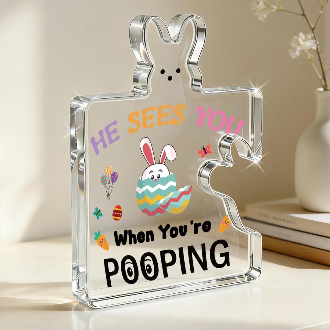 2 x HTBIG Funny Easter Decorations Bathroom Humor Sign "He Sees You When You're Pooping" Bunny Egg Acrylic Ornament, Funny Spring Holiday Home Decor Gifts