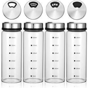 4Pcs Salt Pepper Shakers with Adjustable Outlet Holes, 10 oz Clear Glass Shaker Bottles, Salt Shakers for Kitchen, Spice Seasoning Cans for Kitchen Decor Home Restaurant BBQ Camping (300ML)