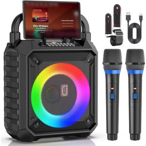 Karaoke Machine, Pro Karaoke Speaker with 2 Wireless Microphones, Portable Design 5.3 Bluetooth for Adults Kids Gifts with DJ Lights for Home Party, Outdoor Events, Supports FM/USB/AUX/REC/TF