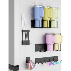 Magnetic Stanley Cup Holder for Fridge, Water Bottle Organizer for Stanley 30/40 oz, 5 Pack Set with Lid Organizer, Straw Rack & Hook, Stanley Cup Accessories, Thoughtful Gift for Tumbler Fans