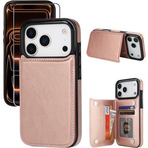 JOYAKI for iPhone 17 Pro Max Wallet Case with Screen Protector, Slim PU Leather Protective Case with Card Holder[RFID Blocking] Kickstand Cover 6.9-Rose Gold