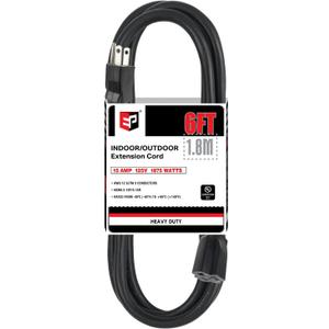 EP 6 Ft Outdoor Extension Cord - 12/3 SJTW Heavy Duty Black Extension Cable with 3 Prong Grounded Plug - Power Cord for Lawn, Garden, Appliances
