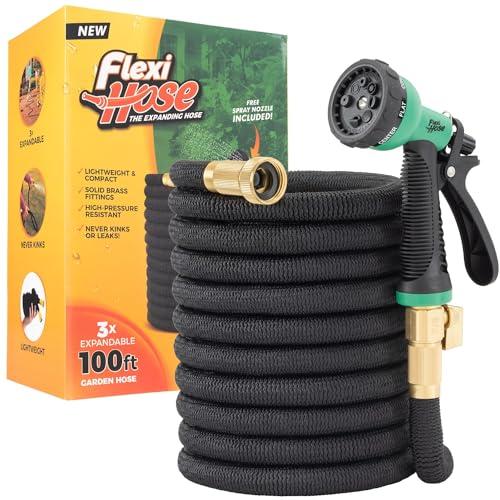 Flexi Hose Expandable Garden Hose with 8 Function Nozzle, 100FT - Lightweight Retractable Garden Hose, Water Hose - No-Kink Flexibility, 3/4 Inch Solid Brass Fittings and Double Latex Core