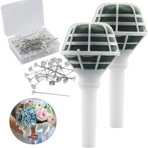 Arlai 2pcs 7.1" Bridal Bouquet Stand Wedding Bridal Bouquet Holder Foam Flower Handles (Green+White), with 50pcs Bouquet Pin Brooch Flower Pin Teardrop Pearl Head Pin for Bride Artificial Flower