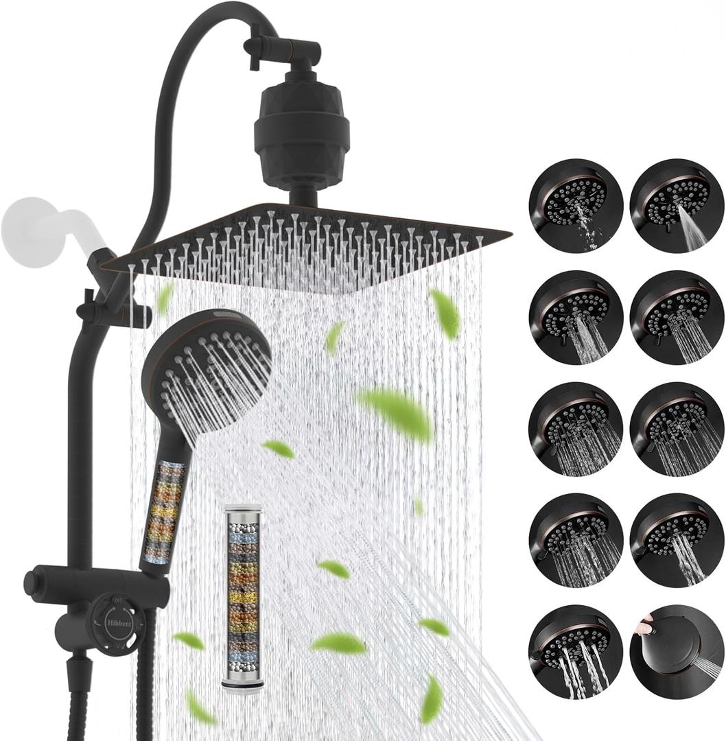 Hibbent Dual Filter All Metal 10"Rainfall Showerhead Combo, with 10-Spray Mode Handheld, 4-way Diverter with Pause Mode, 71'' Shower Hose & Holder, Oil Rubbed Bronze