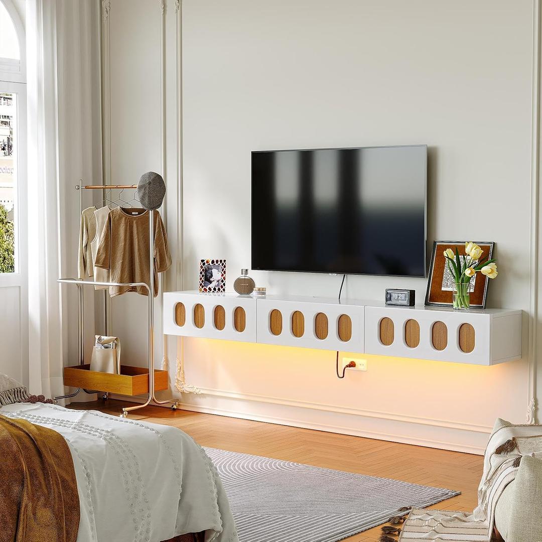 Fully Assembled Plywood Floating TV Stand, 55 Inch Wall Mounted Media Console with High Gloss Finish, 1 Door & 2 Drawers, Mid-Century Oval Cutout Design for Living Room (White)