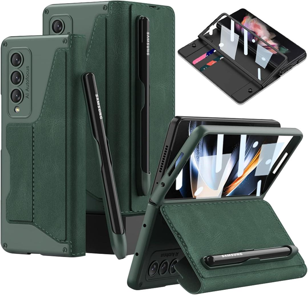 DEMCERT for Samsung Galaxy Z Fold 4 5G with S Pen Slot,Military Armor Cases Full Body Protective Anti-Scratch Hard Slim Leather Bracket Case with Screen Protector for Galaxy Z Fold 4 5G (Green) (Samsung Galaxy Z Fold 4, Green)