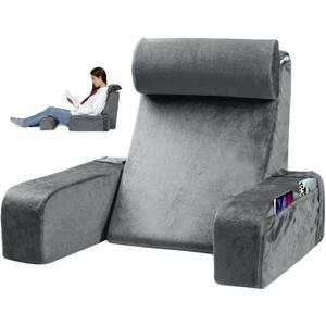 Reading Pillow for Sitting in Bed - Back Pillow for Sitting Up - Back Support Pillow with Detachable Neck Roll & Arms - Full Support - Reading & Bed Rest Pillows for Watching TV/Reading/Gaming (19 Inch Tall, Grey)